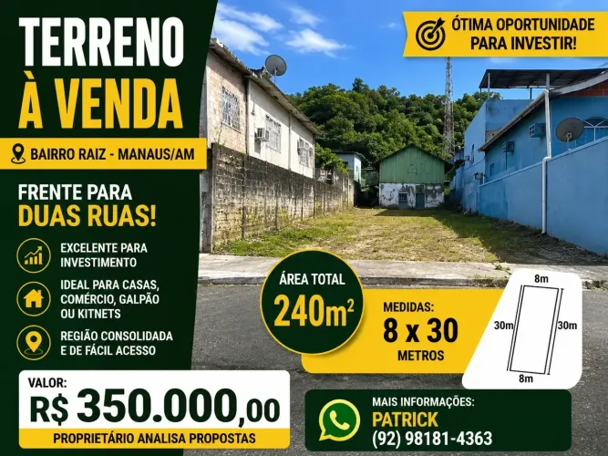 Terreno à Venda no Bairro Raiz Manaus/AM | 240 m² | Frente para Duas Ruas