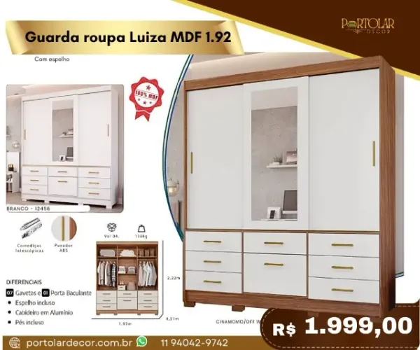 Guarda Roupa Luiza MDF 1.92 a pronta entrega