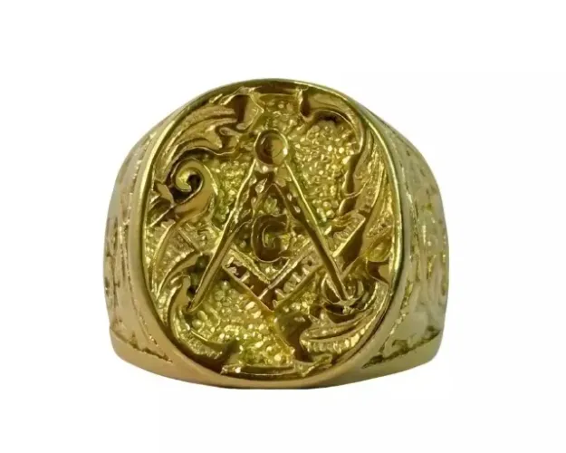 anel dedeira maçonaria maçom dourado aço alto relevo dourado 316l