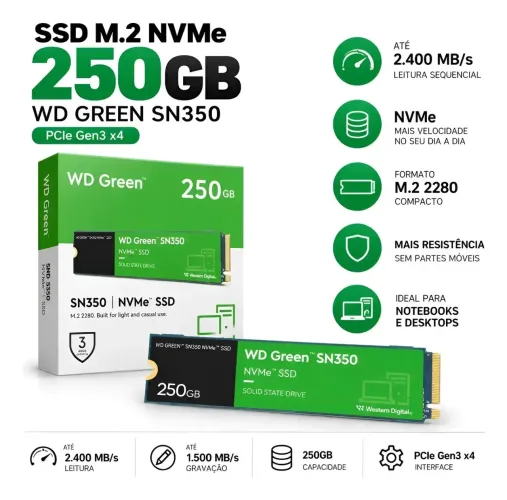 Ssd M.2 250gb Wdgreen Sn350 2280 Nvme Pci Gen3x4 Wds250g2g0c