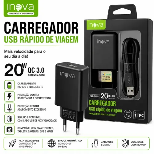 Carregador De Celular Turbo 20w QC 3.0 Com Cabo Tipo-C INOVA - CAR-2176D