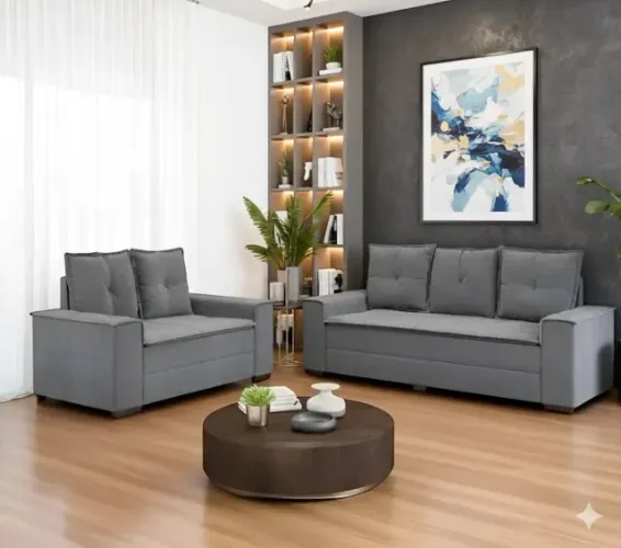 Conjunto de Sofá 2 e 3 Lugares Barcelona Cinza - Design Moderno