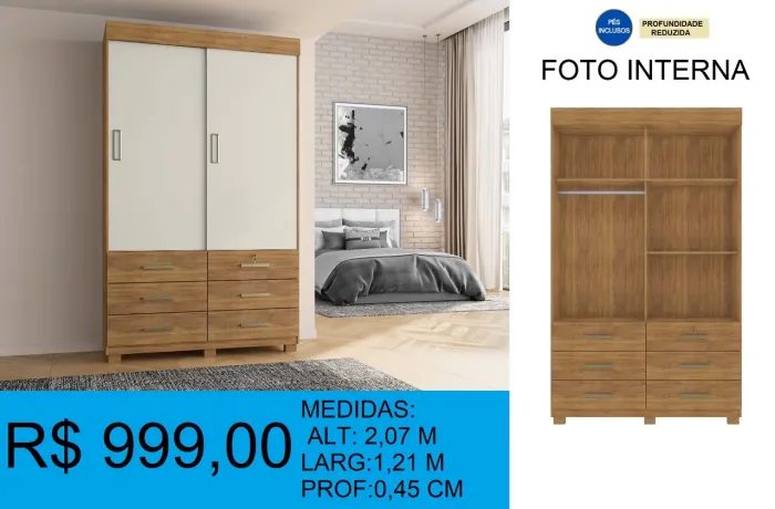 Armário com Portas de Correr e Gavetas - Entrega e Montagem -Grátis-
