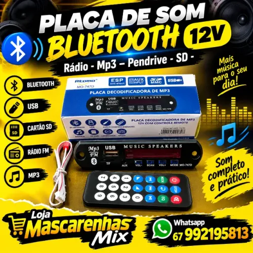 Placa de Som Bluetooth 12v (Rádio, Pendrive, MP3, USB, SD)