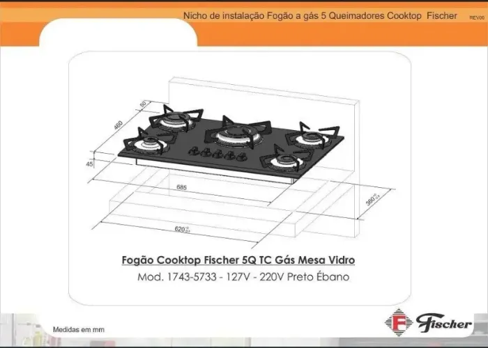 Fogão Cooktop Fischer 5 Bocas Tripla Chama 1743-5733