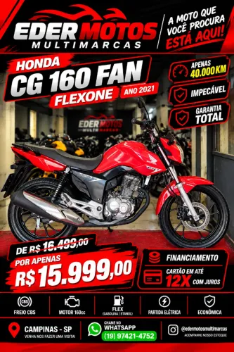 HONDA CG 160 FAN FLEX 2021 VERMELHA EM OTIMO ESTADO COM 40.000KM E COM GARANTIA TOTAL