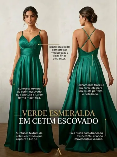 VESTIDO DE FESTA VERDE (CETIM E CREPE)