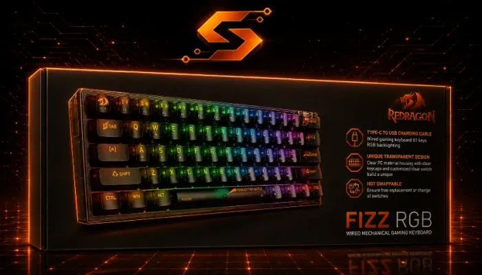 Teclado Mecânico Gamer Redragon Fizz RGB Clear Black 60% Switch Crystal