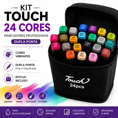 Kit Marcadores Touch 24 Cores Dupla Ponta Profissional com Estojo