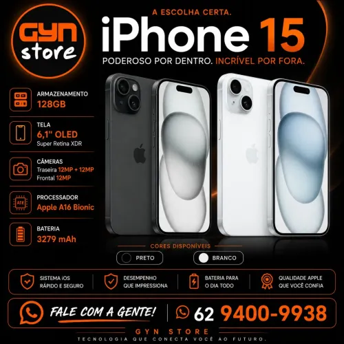 R$3299,90 Apple iPhone 15 6,1" 128GB 5G Varias Cores Novo NF 1 Ano Garantia
