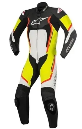 Macacão Alpinestars Motegi V2 1 Peça Preto/Branco/Vermelho Fluor/Amarelo - NOVO