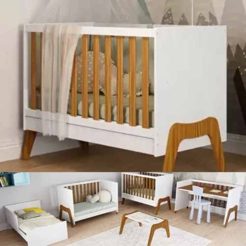 Berço Evolutivo 5 em 1 Retrô Branco e Madeira - Perfeito Estado