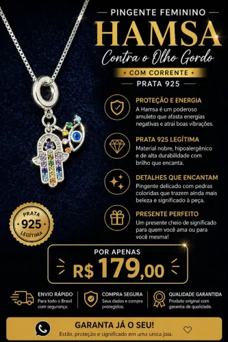Pingente HAMSA e corrente cravejado com Zircônias em prata 925