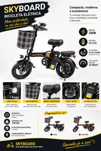 Bicicleta Elétrica Skyboard 500W - Bateria de Lítio - Dobrável
