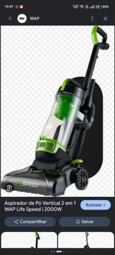 Aspirador De Pó Vertical 2 Em 1 WAP Life Speed 2000W e Filtro HEPA