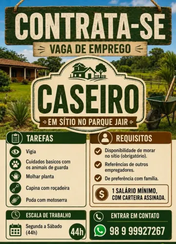 Vaga de Caseiro em sítio São Luís