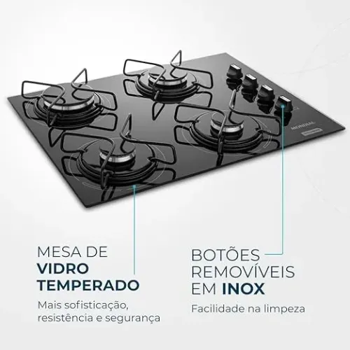 MONDIAL Cooktop a Gás, 4 Bocas, Preto/Inox, Bivolt - CTG-01