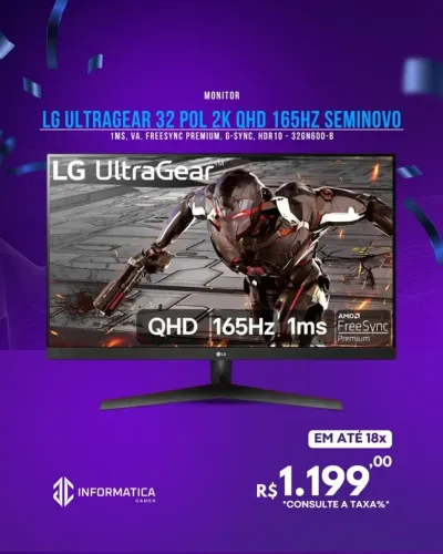 MONITOR LG ULTRAGEAR 32 POL 2K QHD 165HZ SEMINOVO