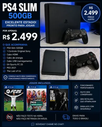 PS4 Slim 500GB Muito Conservado + Jogos | Completo