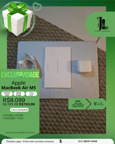 MACBOOK AIR M5, 512GB, 16GB RAM, TELA 13.6 POL., ZERO, SEM CAIXA, LANÇAMENTO!