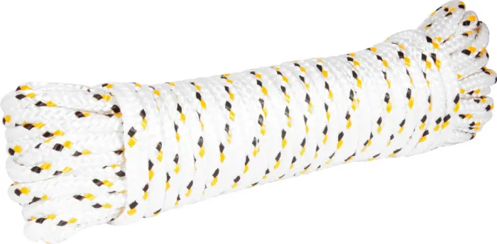 Corda multifilamento trançada 10,0 mm x 20 m, branca com detalhes em preto e amarelo, cart