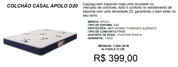 Colchão D20 casal - Super resistente - 80 kls por pessoa - 160kg total- ENTREGA GRATIS