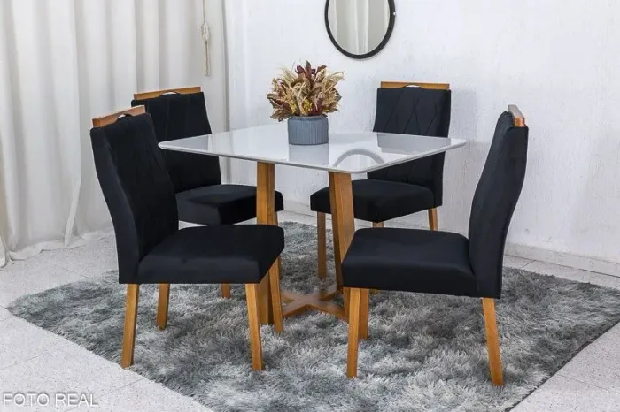 Mesa de Jantar 120x80 Vidro Off 4 Cadeiras Veludo Preto Madeira Maciça