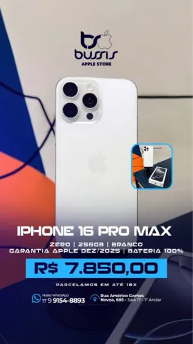 iPhone 16 Pro Max 256 Gigas Branco / Saúde de bateria 100% / 1 Semana de uso 
