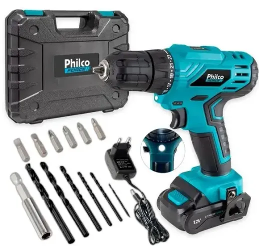 Furadeira parafusadeira sem fio 10mm Philco Ppf12m 12v + Acessório 110v/220v