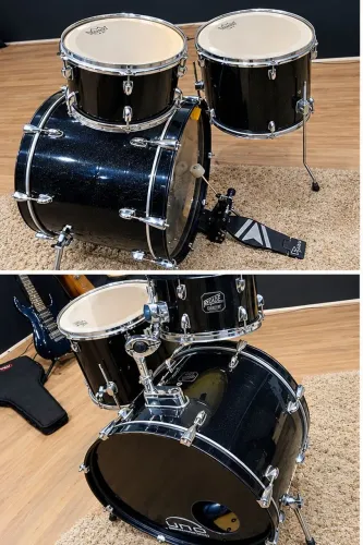 Bateria, guitarra e mesa de som