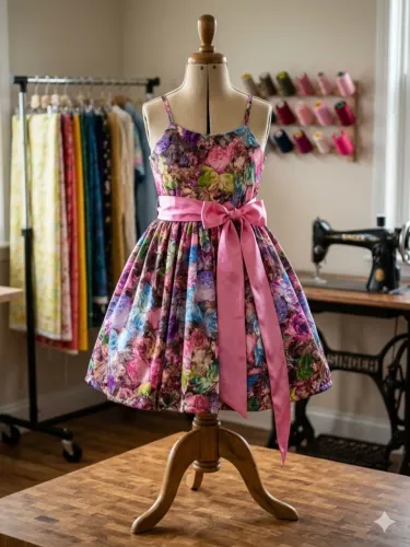 Vestido seda florido com laço de cetim 