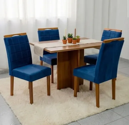 Conjunto Mesa de Jantar Verona 100 com 4 Cadeiras Veludo Azul