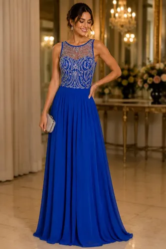 vestido longo azul com strass