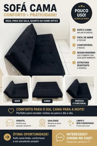 Sofá cama Casal Preto - Modelo reclinável 