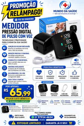 Medidor pressão digital pulso com voz R$ 65,99 ( Pix ou dinheiro )