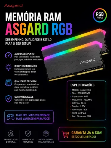 MEMÓRIA RAM ASGARD RGB 8GB DDR4 3200MHz CL16 