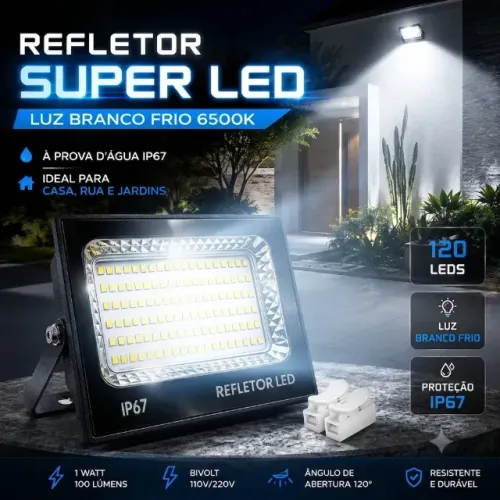 Refletor super led luz branco frio 6500k prova d´agua IP67