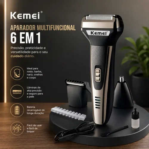 Barbeador Kemei KM-6776 Recarregável 3 em 1 - Aparador, Barbeador e Removedor de Pelos