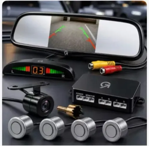 Kit Completor Camera de Ré + Espelho Retrovisor com munitor + Central Sensor Estacionamen