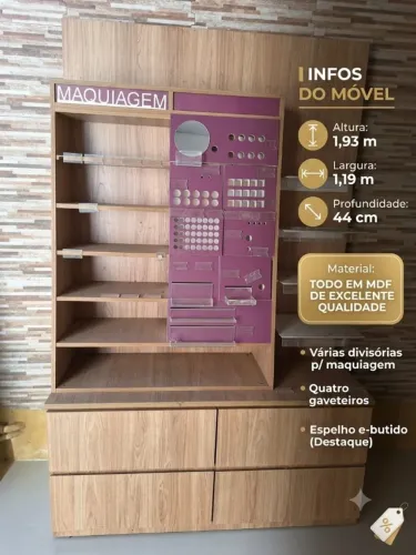 Expositor Profissional para Maquiagem e Cosméticos em MDF com Espelho e Gaveteiros