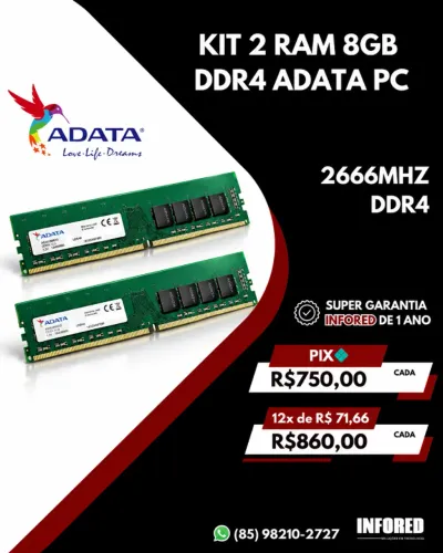 Kit 2 Memórias RAM 8GB ADATA DDR4 para PC