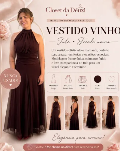 Vestido festa vinho de tule casamento e confraternização 