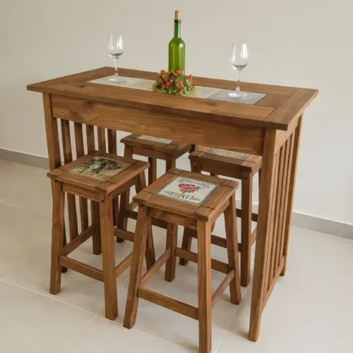 Bancada Gourmet Ilha 120cm Cozinha Mesa De Madeira Com 4 Banquetas