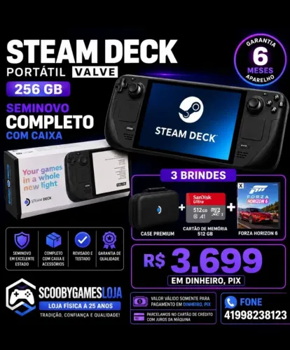 STEAM DECK PORTÁTIL VALVE SEMINOVO 256GB+ CARTÃO DE MEMÓRIA 512 GB+ FORZA HORIZON 6