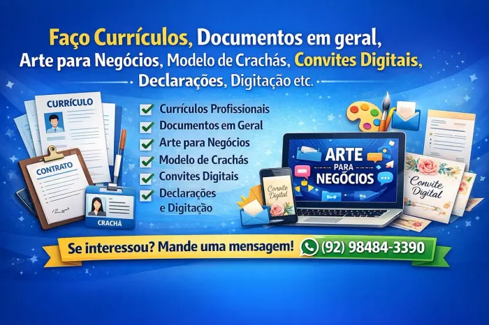 Faço currículos, documentos em geral, arte para negócios, Crachás etc.