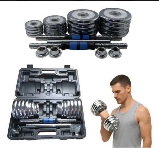 Kit Halteres 30kg Cromado Azul Com Maleta E Barra Extensora Cor Cromada-azul