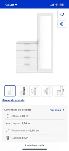 Cômoda Sapateira Bartira Versatti com 4 Gavetas, 1 Porta e Espelho - Branco
