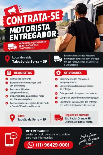 VAGA - MOTORISTA ENTREGADOR