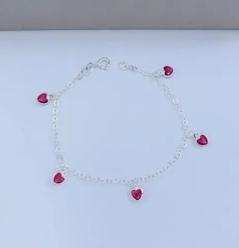 ? Pulseira Prata 925 Corações com Zircônia Vermelha ?