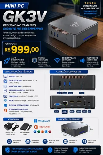 Mini Pc Intel GK3V windows 11, pacote office!!!